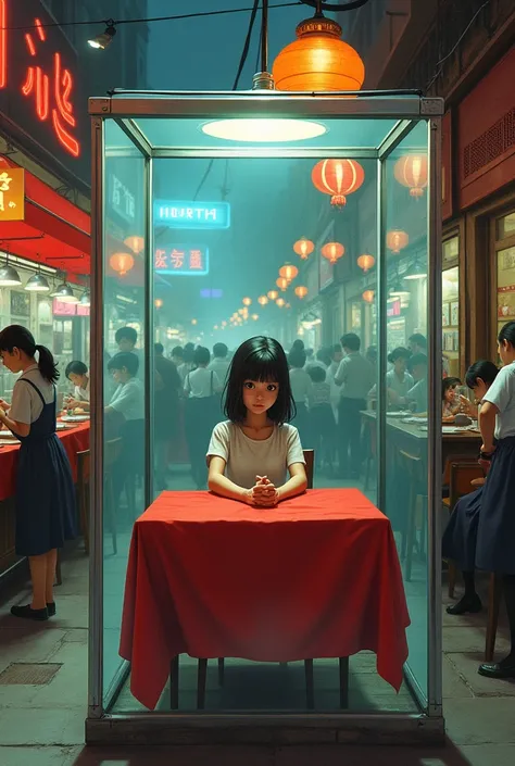 girl inside a large transparent box with a dining table covered by a red cloth outside a restaurant and chaos around her