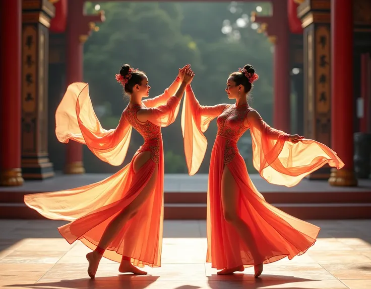 Two women performing Chinese dance