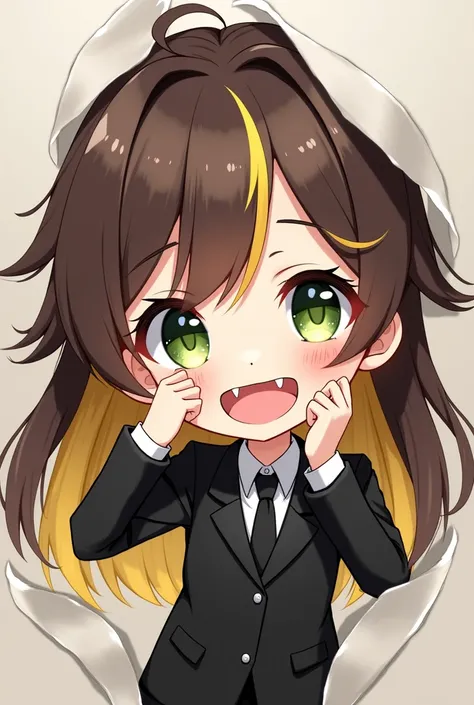 chibi animation girl, brown hair with yellow highlights, dark green eyes, light skin tone, sharp teeth, that he has a black suit. That your hands and cheek are glued to the fourth wall. 