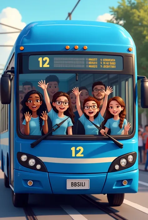 Create a modern large bus, royal blue, with the number 12 written in large letters on the side, full of Brazilian people with their hands up at the window, in the front three girls, a brown skinned brunette girl with long braids in her hair, and a white gi...