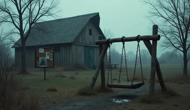 A swing in an empty park, a messy barn and a bulletin board with photos of missing people. The atmosphere is bleak and gloomy..