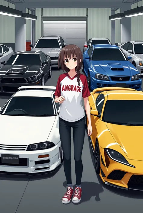 White nissan silvia,blue nissan skyline r32,black bmw m8,yellow toyota supra,yellow lamborghini,a girl with nfl jersey,angarage text on jersey,anime,manga