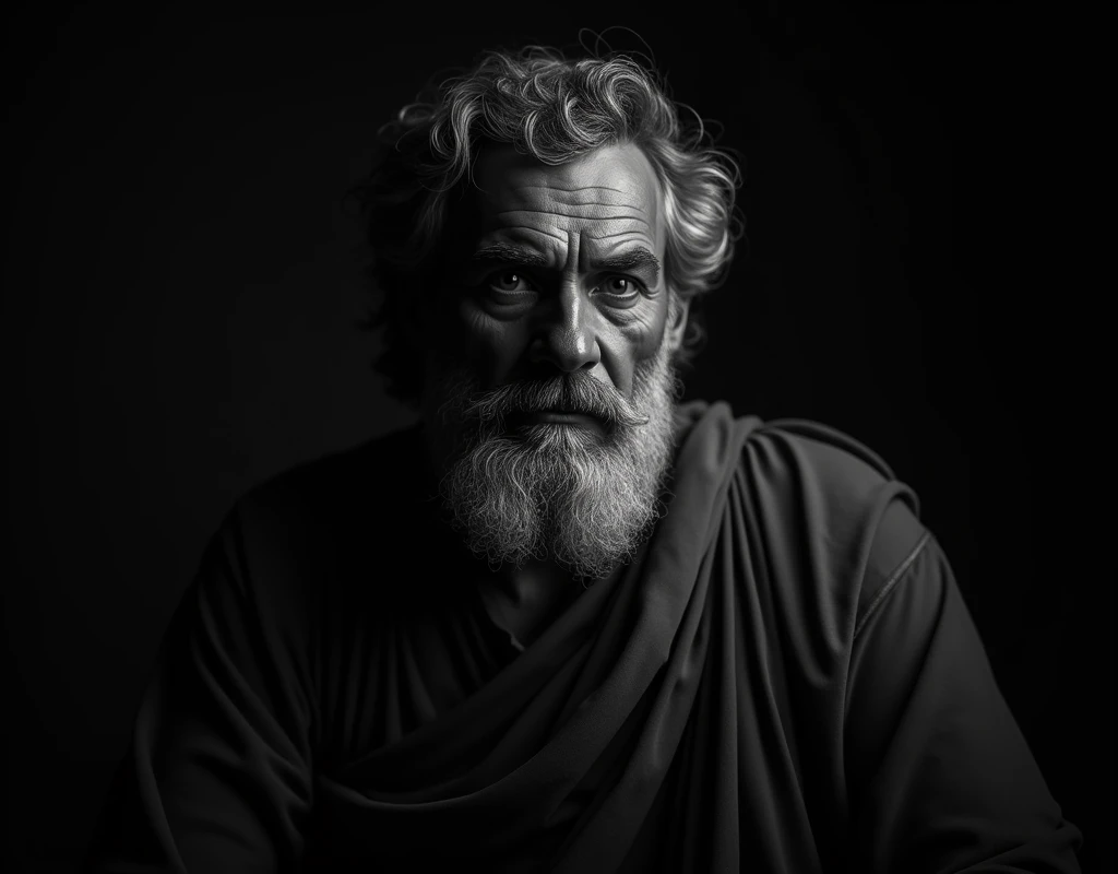 I want an image of the philosopher protagoras dark backgraund 8k cinematic black and white