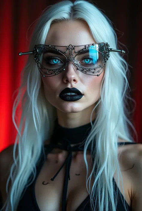 A photograph of a woman with a background that fades from red to black, A beautiful woman with perfect measurements like Anjelina Jolie but veryyyyyy white with a cyber metal mask, white hair and blue eyes, long hair, Hair between eyes, blush, make-up, Het...