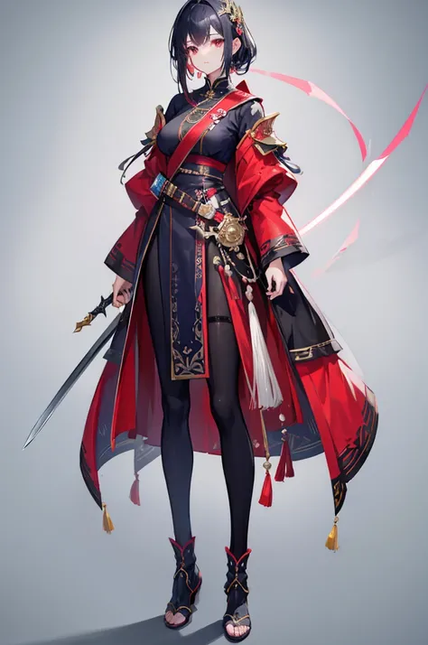 woman、front view、Standing posture、Full body view、Swordsman、Simple Background、Top Quality、8k