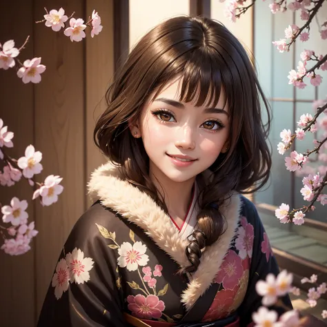 best quality, masterpiece, (realistic:1.2), 1 girl, Brown hair, Black eyes, (detailed face), Beautiful eyes, She enjoys, light skin tone, (very colorful and glittering kimono), She smiling in bright sunlight, Japanese-style room, scattering cherry blossoms...