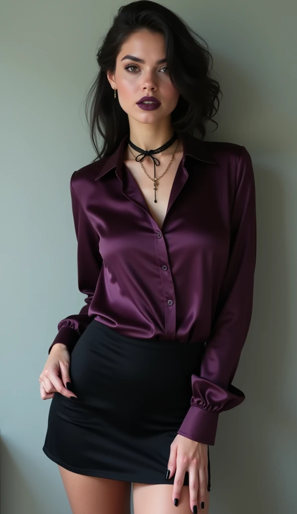 20 years old Sweidish office secretary girl. Wearing a silky dark purple tight blouse and silky black short tight skirt.nails are black.lips are dark purple.wearing a chocker necklace.looking arrousal. Dark black short hair up to shoulders. Wearing black s...