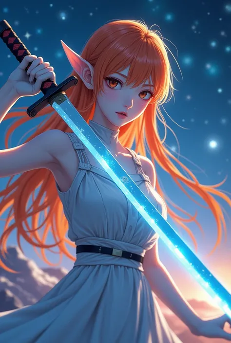 Night sky，Orange long hair elf anime girl，White Gloves，Magic Katana