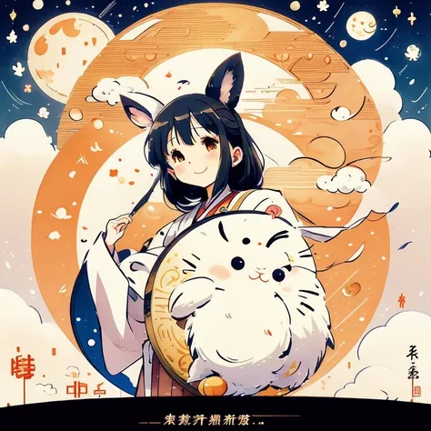 Round canvas.  Mid-Autumn Festival, moon, full moon, rabbit, moon cakes, rabbit eat moon cakes, osmanthus, clouds, illustration style, Ghibli style, blessings, warm atmosphere.  There is a small flying saucer flying in the sky.illustration, anime style, ch...