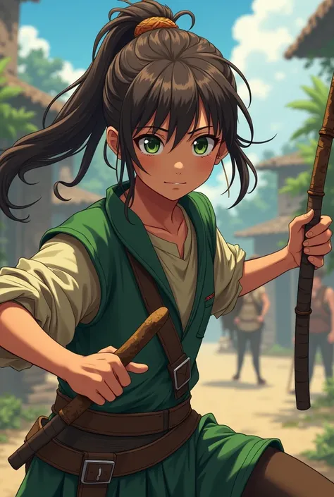 Create an anime character with long brown hair tied up, small scars on the face and with moss green eyes brown skin battle clothes inspired by colonial Brazil in a fight against mercenaries and add some small battle scars on your face