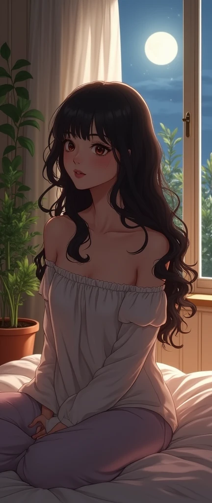 (Anime), beautiful woman, sitting on bed,loose off-shoulder top, pajama pants, long curly hair, indoors, soft lighting, plants in background, window with moonlight, cozy room, relaxed pose, realistic, intricate details, 
 warm colors, night timr