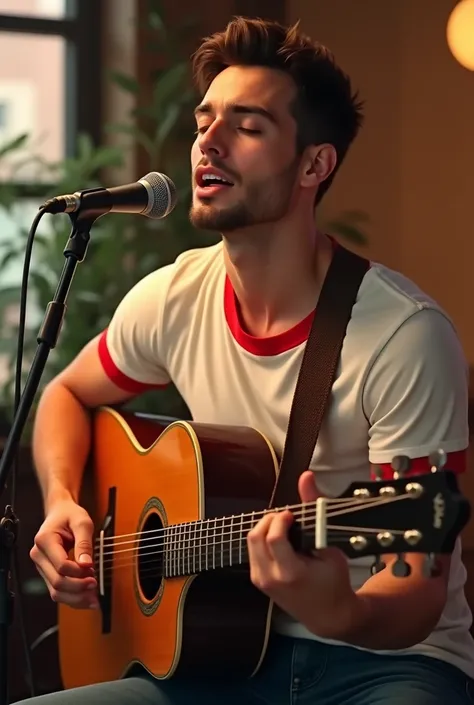 A handsome 5 man wearing a short-sleeved white T-shirt with a red collar sits and plays with a guitar and sings.