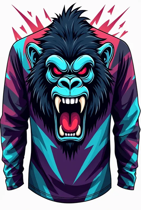 Design of a very aggressive long sleeve motocross jersey with blue stripes, purple,dorado,white,black and with lots of thunder, with sporty letters that say gorillas racing and a very angry vectorized gorilla logo in blue with an open mouth with horns and ...