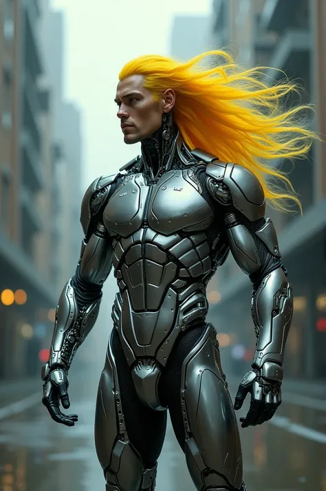 Man with metallic body and yellow hair