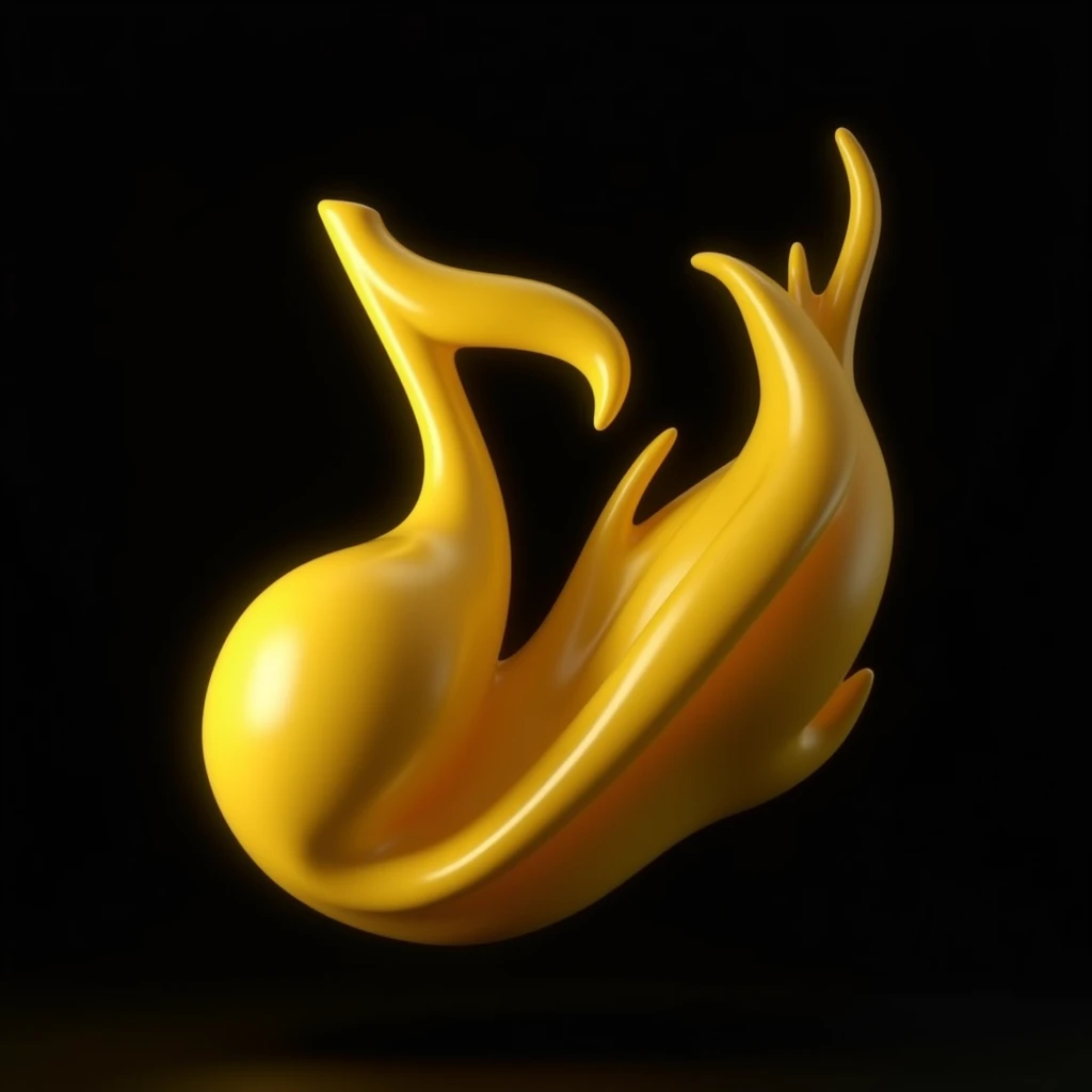 Professional photo, Visualization, double musical note with a bar, 3d Visualization, voluminous, made of yellow plastic, black background, studio light, from an unusual angle in flight
