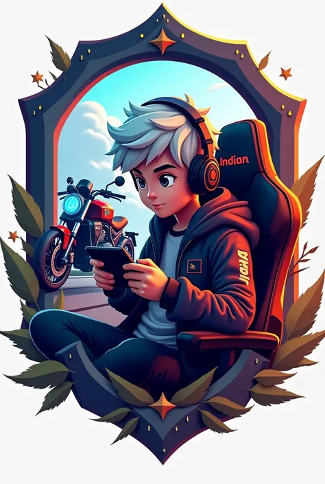 Creat a gaming logo in background there is a indian bike driving 3D fream in wall one 1 boy which hair is more white and little black sitting on gaming chair were headphones and Jacket of indian bike driving 3D and he is playing game in mobile and logo in ...