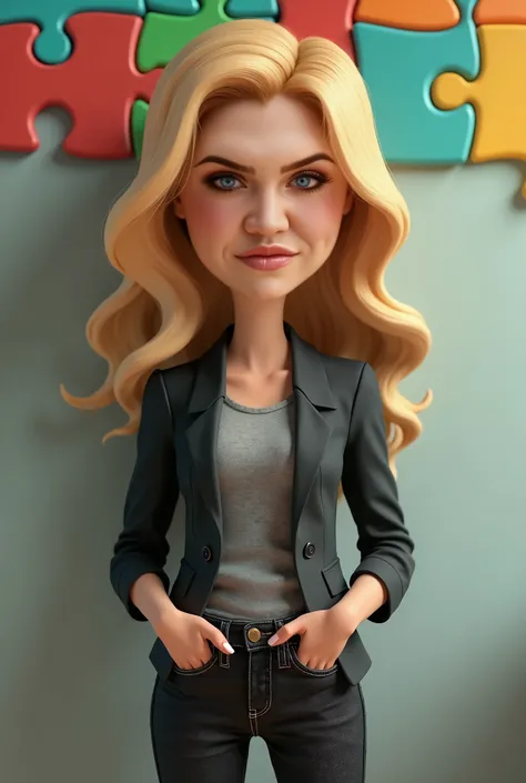 A  woman, blonde hair, a round, smiling face and blue eyes, wearing a gray shirt, black blazer, and black jeans. full body portrait, looking at the camera, 3d, Pixar style, cartoon. Background wall with red, cerulean, green and yellow puzzle