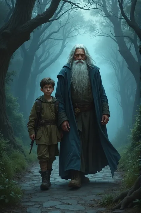 A picture of a grown boy and a white magical old man walking down a dark road