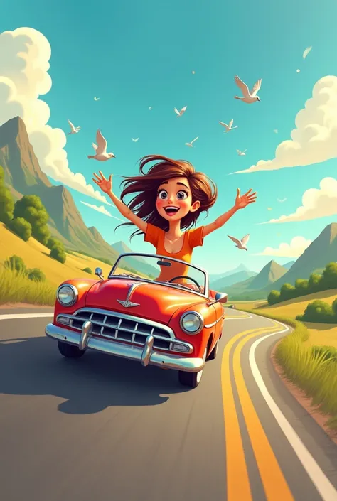 Cartoon of a young lady happily traveling by car on the road 
