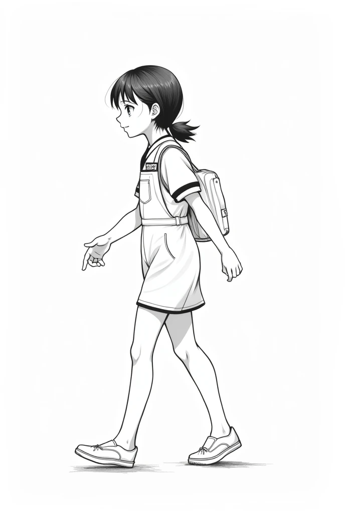 a girl in a school uniform (coverall) walked by caral , black and white drawing style, not so realistic
