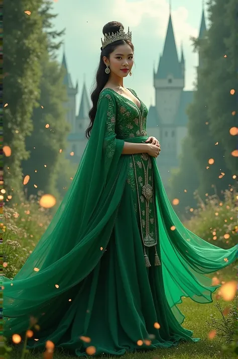 A beautiful Thai princess wearing a Slytherin green chakri, her sash fluttering with magical flames surrounding her on the grounds of Hogwarts. Her dancing tiara headdress is impeccable.