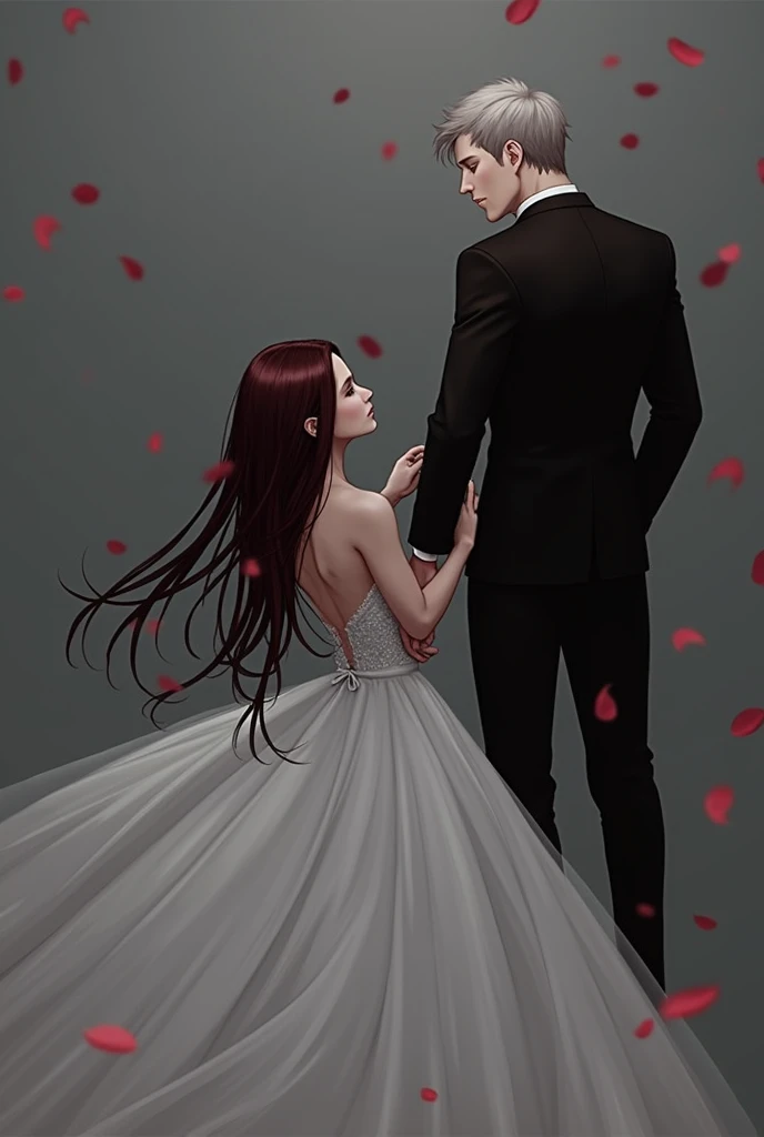 Bottom:him tying her dress Characters: Dark red haired girl and strong white boy,WITH FORMAL CLOTHING.
details:her hair over her shoulders and her back to him.
Cores: therefore,with touches of red and silver