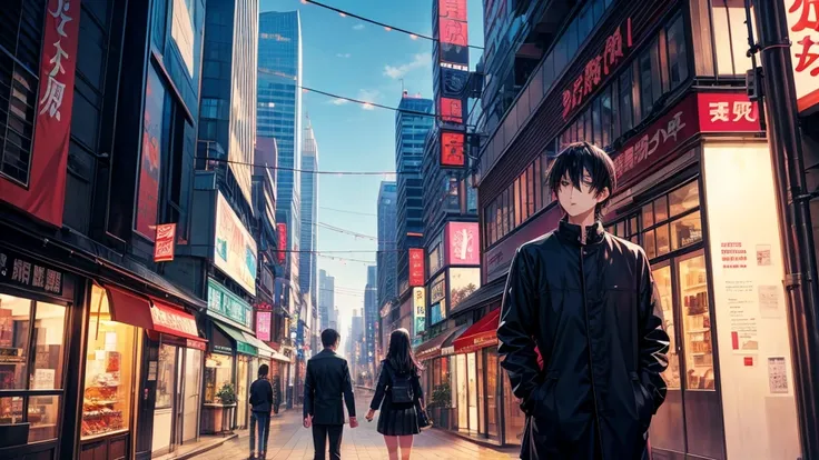 anime illustration、High resolution、sad man and woman couple、、black straight hair、Urban city、camellia、movie scene