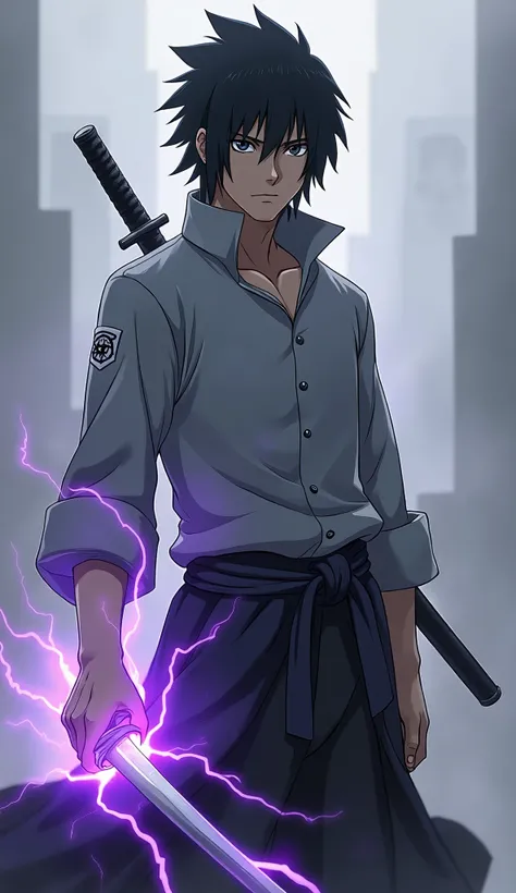 Sasuke from naruto shippuden grey long sleeved collared shirt with katana purple aura using chidori in 