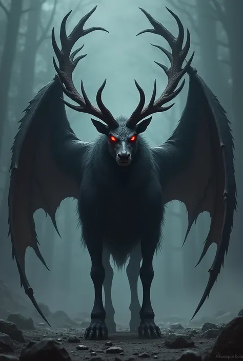 A reindeer with demonic wings,large clawed paws,fur as black as night,red eyes,large, sharp horns