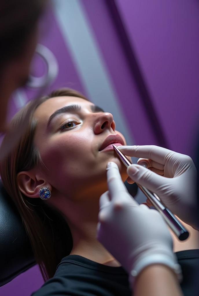 creates a photo of a person being pierced to get a nose piercing, with a purple and white studio background