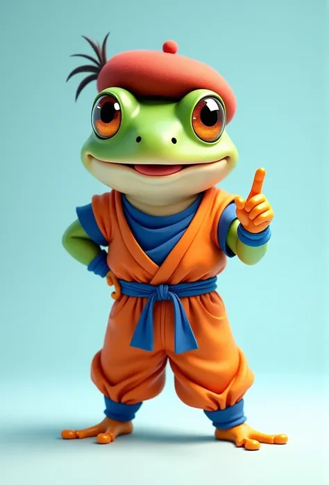 a cute vector of a small frog with a small red beret, standing, with his mouth open, standing in two, pointing a finger towards the viewer, he is dressed as goku, digital illustration, light blue background, approaching perfection , highly detailed, soft a...