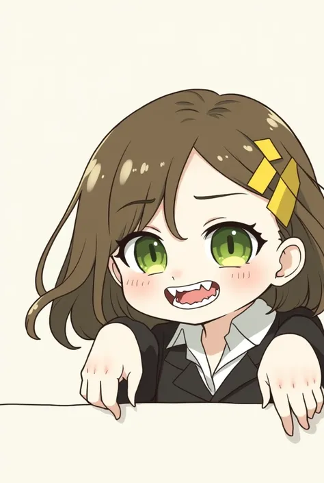 chibi animation girl, brown hair with yellow highlights, dark green eyes, light skin tone, sharp teeth, that he has a black suit. That your hands and cheek are glued to the fourth wall. 