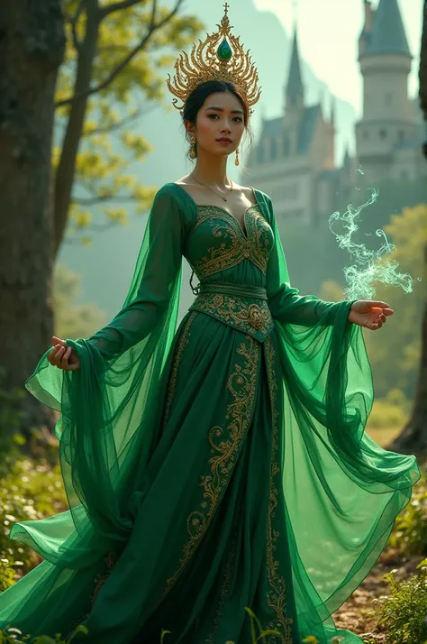 A beautiful Thai princess wearing a Slytherin green chakri, her sash fluttering with magical flames surrounding her on the grounds of Hogwarts. Her dancing tiara headdress is impeccable.