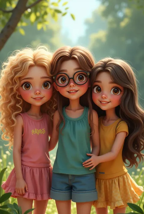 Create an image of 3 girls,   with curly hair on her neck, ela é loira with brown eyes claros. A  girl who wears glasses, long straight hair, with brown eyes. And another one that is the newest, long hair not too wavy, She has and uses braces, dark brown e...