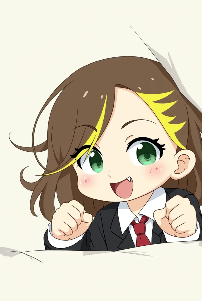 chibi animation girl, brown hair with yellow highlights, dark green eyes, light skin tone, sharp teeth, that he has a black suit. That your hands and cheek are glued to the fourth wall. 