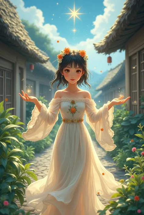 A village girl who weaves light and is the incarnation of the star goddess.。beautiful、Small breasts、A cross between illustration and anime style。