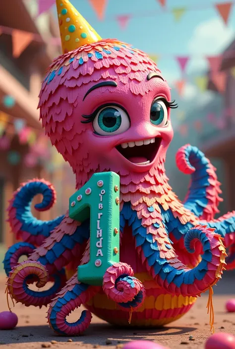 Number one piñata with animated octopus with number one
