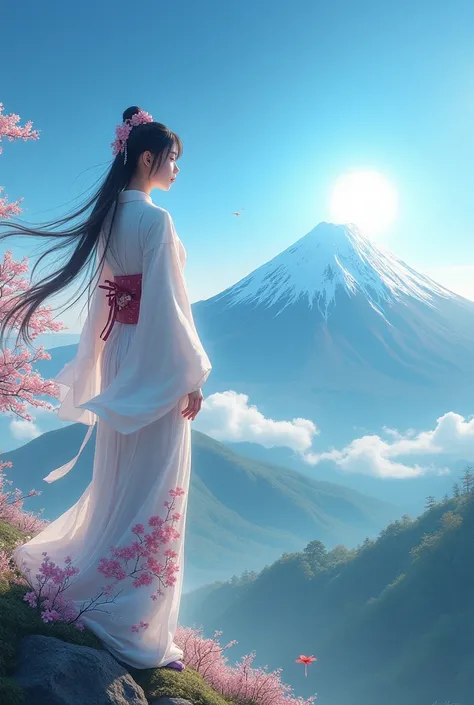 Standing high in the sky to the upper right of Mt. Fuji、Princess Konohanasakuya looking down on the world below。She is wearing a white kimono embroidered with cherry blossoms.、With a calm and dignified expression、god々It is surrounded by bright light.。Behin...