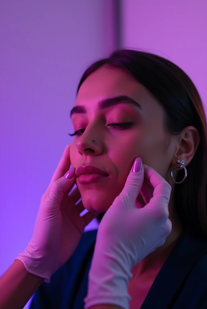 creates a photo of a person being pierced by getting a piercing, with a purple and white studio background