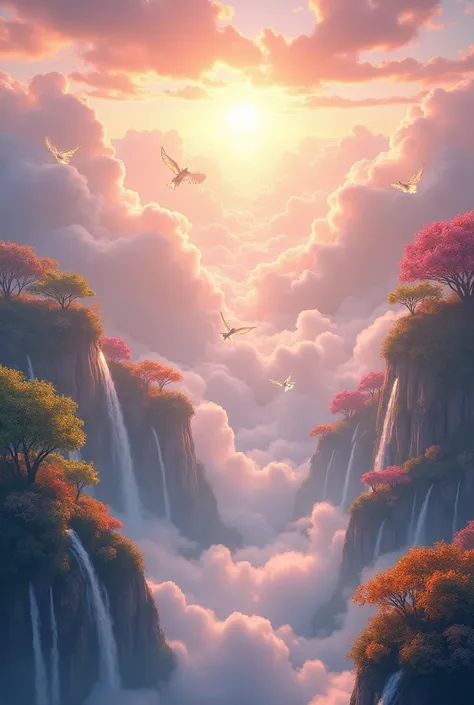 **Prompt para Imagem: Heaven in the sky**

"Imagine a cinematic, realistic scene that captures the essence of a heavenly paradise.. in the center of the image, a vast field of fluffy white clouds stretches as far as the eye can see, reflecting soft pink an...