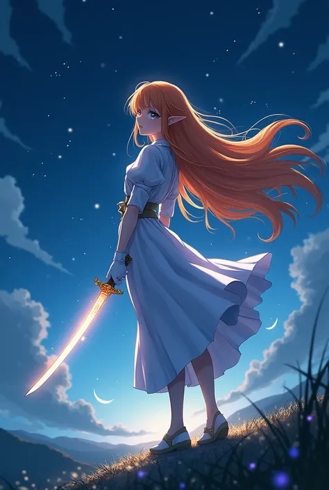 Night sky，Orange long hair elf anime girl，Wear white gloves，Magic Katana