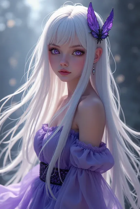 A teenage female character, long white hair, purple eyes, Average height , doesn&#39;t look like a child 