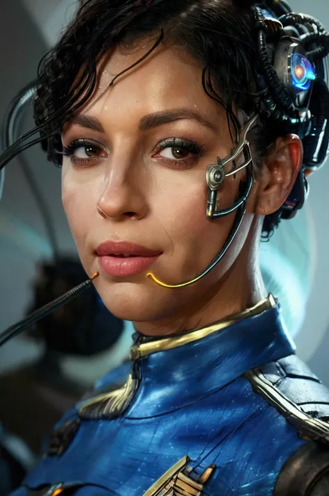 A detailed, highly realistic portrait of a beautiful Black woman wearing a blue Starfleet uniform, with prominent veins, cybernetic implants, an eyepatch, and cables running across her body, with a glowing, luminescent appearance reminiscent of the charact...