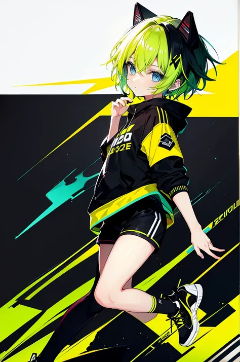 Yellow-green hair, blue eyes, black jacket, yellow t-shirt with black cool logo, jersey, short hair, red sneakers, short socks, black shorts