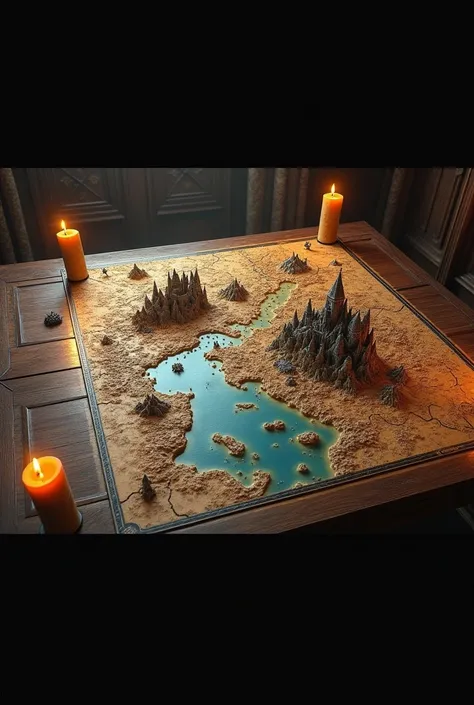 A large, stylized map of Westeros spread out on a wooden table in a dimly lit room illuminated by candles. Details like mountains, winding rivers, forests, and the sigils of noble houses (Stark, Lannister, Targaryen) stand out, with miniature knights and c...