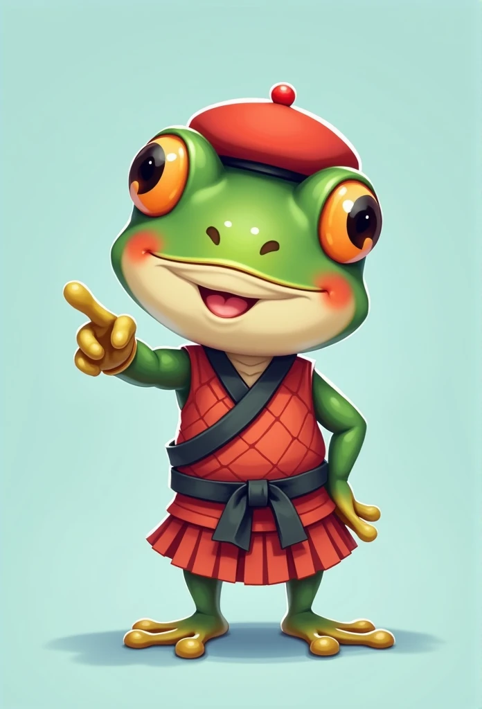 a cute vector of a small frog with a small red beret, standing, with its mouth open, standing in two, pointing a finger towards the viewer, it is dressed as a piccolo daimaku, digital illustration, light blue background, approaching the perfection, highly ...