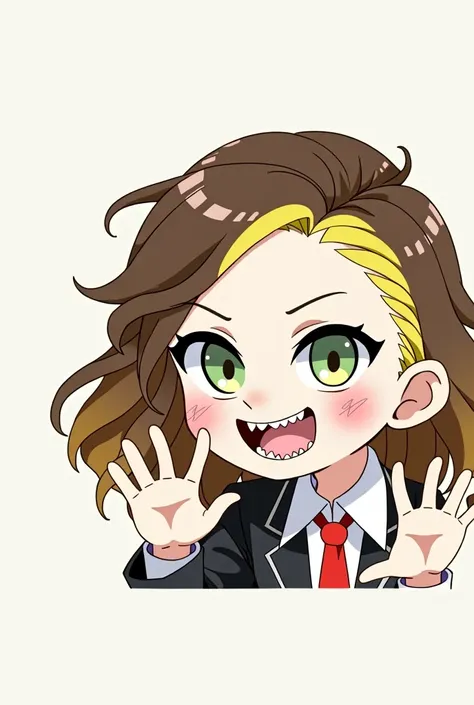 chibi animation girl, brown hair with yellow highlights, dark green eyes, light skin tone, sharp teeth, that he has a black suit. That is attached to the screen as if it wanted to break it.