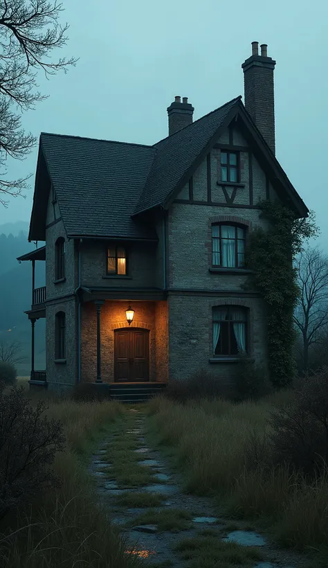 "An old country house located in a secluded village, surrounded by dense trees and deep shadows. The house has an aged appearance, with weathered bricks and vines climbing up the walls. Its windows are large, but many are dirty or partially covered by old,...