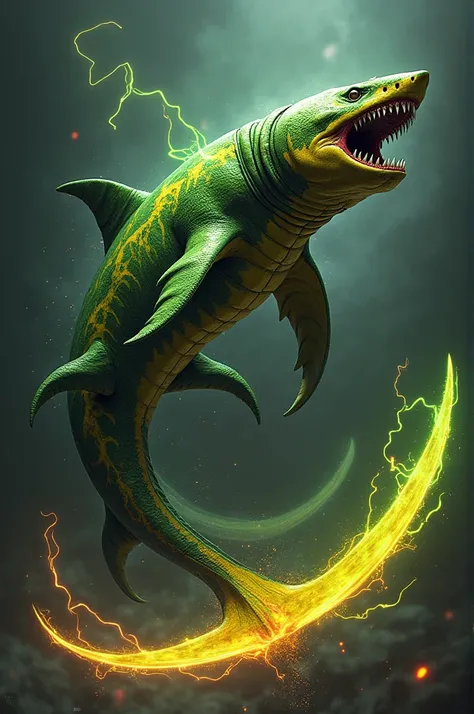 A shark fusion with Venom in the colors green, yellow and red with a scythe 