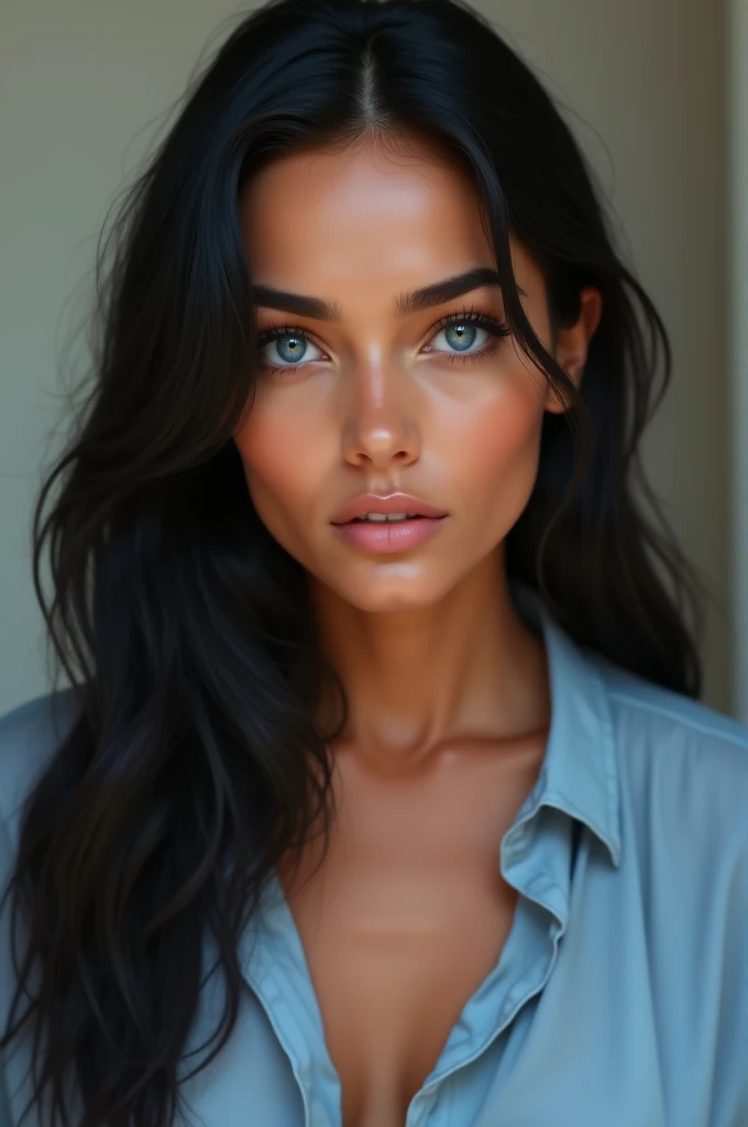 One with a blue blouse, brown eyes, Black hair, a little brown